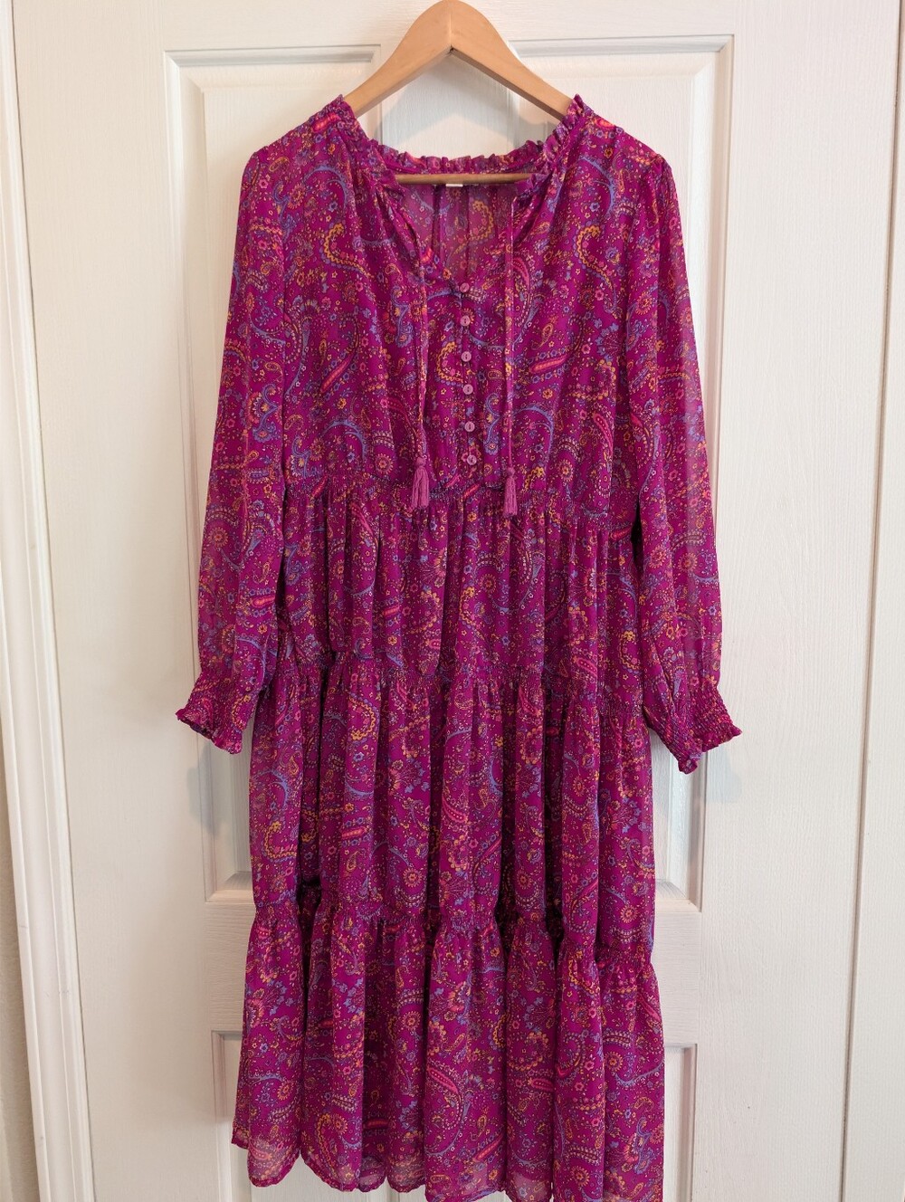 BeachLunchLounge- Women's Fuchsia Paisley Tiered Long Sleeve Dress